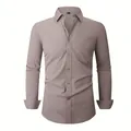 Men's casual long sleeve solid color stretch shirt with chest pocket in taupe - 3XL / Top (W7-8) / Khaki