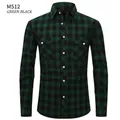 Slim fit green and black plaid flannel shirt for men with double chest pockets - S / Tops / Green Black (M512)