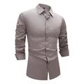 Men's slim fit four-way stretch long sleeve business dress shirt in elegant taupe color - 3XL / Tops / Taupe (W7-7)
