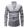 Men's long sleeve grey stretch dress shirt with contrast black buttons variant 2-728 - 3XL / Tops / Gray (Black Buttons)