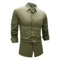 Premium olive green men's long-sleeved stretch business dress shirt with chest pocket - 3XL / Tops / Army Green (W7-8)