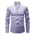 Lavender men's long sleeve polyester dress shirt with black buttons and four-way stretch - 3XL / Tops / Purple (Black Buttons)
