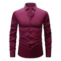 Premium men's burgundy long sleeve four-way stretch dress shirt with stylish black buttons - 3XL / Tops / Wine Red (Black Buttons)