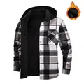 Veste à capuche en flanelle à carreaux pour hommes avec doublure en polaire chaude - S / Hauts / Carreaux Noir Blanc Gris (JM319-16)