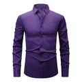 Elegant purple long-sleeved dress shirt with black buttons and a professional slim fit - 3XL / Tops / Deep Purple (Black Buttons)