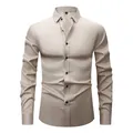 Men's elegant slim fit long sleeve beige dress shirt featuring stylish black buttons - 3XL / Tops / Beige (Black Buttons)