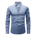 Men's light blue long sleeve dress shirt with black buttons and four-way stretch fabric - 3XL / Tops / Light Blue (Black Buttons)