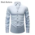 Light blue long sleeve men's dress shirt featuring contrasting black buttons, SKU style. - 3XL / Tops / Light Blue (H-2-708)