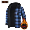 Men's blue and black plaid hooded shirt featuring a warm black velvet fleece lining - S / Tops / Blue and Black Plaid (JM319-1)
