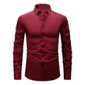 Slim fit men's wine red long sleeve dress shirt featuring black buttons on white background. - 3XL / Tops / Wine Red (H-2-711)