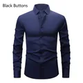 Navy blue long sleeve polyester dress shirt with black buttons and four-way stretch - 3XL / Tops / Navy Blue (H-2-724)