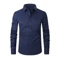 Professional men's navy blue long sleeve shirt featuring a subtle micro-textured grid pattern - 3XL / Tops / Dark Blue (8868-48)