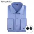 Dark blue men's French cuff dress shirt with cufflinks, wrinkle-resistant stretch fabric - 3XL / Tops / Dark Blue