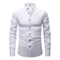 Classic white long-sleeve men's dress shirt with stretch fabric and black buttons - 3XL / Tops / White (Black Button)