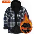 Men's green plaid hooded flannel shirt with warm black fleece lining and pockets - S / Tops / Green Black White Plaid (JM319-13)