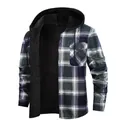 Men's hooded flannel shirt with warm fleece lining in green plaid pattern - S / Tops / Green Blue and White Plaid (JM319-13)
