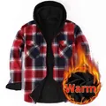 Men's red and navy plaid hooded flannel shirt with ultra-soft warm black fleece lining - S / Tops / Red Blue and White Plaid (JM319-17)