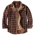 Giacca a camicia scozzese da uomo con calda fodera in sherpa e inserti in velluto - S / Tops / caffè