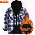 Men's blue plaid flannel hooded shirt with warm black fleece lining for winter - S / Tops / Blue White Black Plaid (JM319-18)