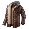 Giacca a camicia a quadri con cappuccio da uomo con calda fodera in pile rosso marrone - S / Tops / caffè