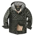 Men's green plaid hooded shirt jacket with warm fleece lining and elbow patches - S / Tops / Green