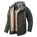 Giacca a camicia in flanella scozzese con cappuccio e fodera in pile da uomo in verde scuro - S / Tops / Verde Militare