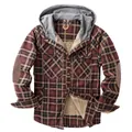 Men's red and black plaid hooded jacket with warm fleece lining and elbow patches - S / Tops / Coffee