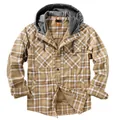 Men's heavy plaid hooded flannel shirt jacket with warm sherpa fleece lining detail - S / Tops / Khaki