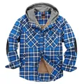 Men's blue plaid hooded jacket with warm sherpa fleece lining and decorative elbow patches - S / Tops / Blue