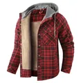 Camicia con cappuccio a quadretti rossi e neri da uomo con calda fodera in pile - S / Tops / Rosso