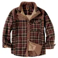 Men's heavy plaid fleece-lined shirt jacket in warm burgundy and brown autumnal tones - S / Tops / Stand Collar Coffee (3251)