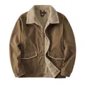 Men's brown corduroy jacket with thick warm sherpa fleece lining and stylish lapel collar - S / Tops / Tan
