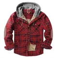 Men's red plaid hooded jacket with warm fleece lining and elbow patches - S / Tops / Red