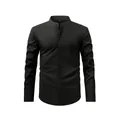 Men's slim fit black long sleeve shirt with stand collar and stretch fabric SKU view - S / Tops / Black