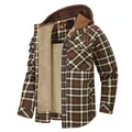 Giacca da uomo a quadri marrone con cappuccio e fodera in pile spesso per autunno e inverno - S / Tops / Marrone
