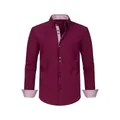 Men's burgundy long sleeve shirt with contrast floral trim and double row buttons. - XS / Tops / Burgundy