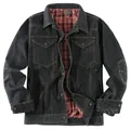 Schwarze Herren-Jeansjacke mit warmem rotem Karo-Flanellfutter und Vordertaschen - S / Oberteile / Schwarz