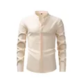 Men's cream long-sleeved shirt with mandarin collar in breathable linen-textured fabric - XS / Tops / Off White