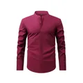 Elegant wine red men's stand collar shirt, long sleeve business casual stretch top - S / Tops / Burgundy