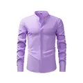 Men's purple mandarin collar long sleeve shirt featuring a textured faux linen fabric - Light Purple / XS
