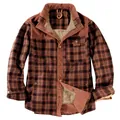 Warm men's brown and black plaid fleece shirt jacket with corduroy collar and patches - S / Tops / Stand Collar Red Coffee (3251)