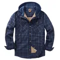 Men's navy blue and black plaid hooded shirt jacket with warm sherpa fleece lining - S / Tops / Dark Blue