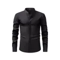 Premium men's black linen-look long sleeve shirt featuring a modern stand collar - XS / Tops / Black