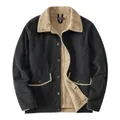 Men's classic navy corduroy jacket featuring warm sherpa lining and a stylish lapel collar - M / Tops / Black