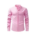 Premium men's pink stand collar long sleeve shirt featuring imitation linen texture. - Pink / XS