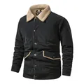 Giacca invernale da uomo in velluto a coste nero con caldo colletto in sherpa beige - M / Tops / Nero