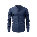 Chemise homme bleu foncé aspect lin à manches longues avec un col mandarin élégant - Bleu Marine / XS