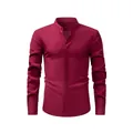 Chemise classique rouge foncé pour homme à manches longues avec col mandarin et lin - Bourgogne / XS