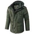 Men's heavy hooded padded parka with multi-pockets in dark green casual style - S / Tops / Army Green