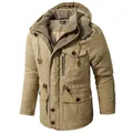 Men's heavy hooded parka jacket with sherpa lining and multi-pocket design - S / Tops / Khaki